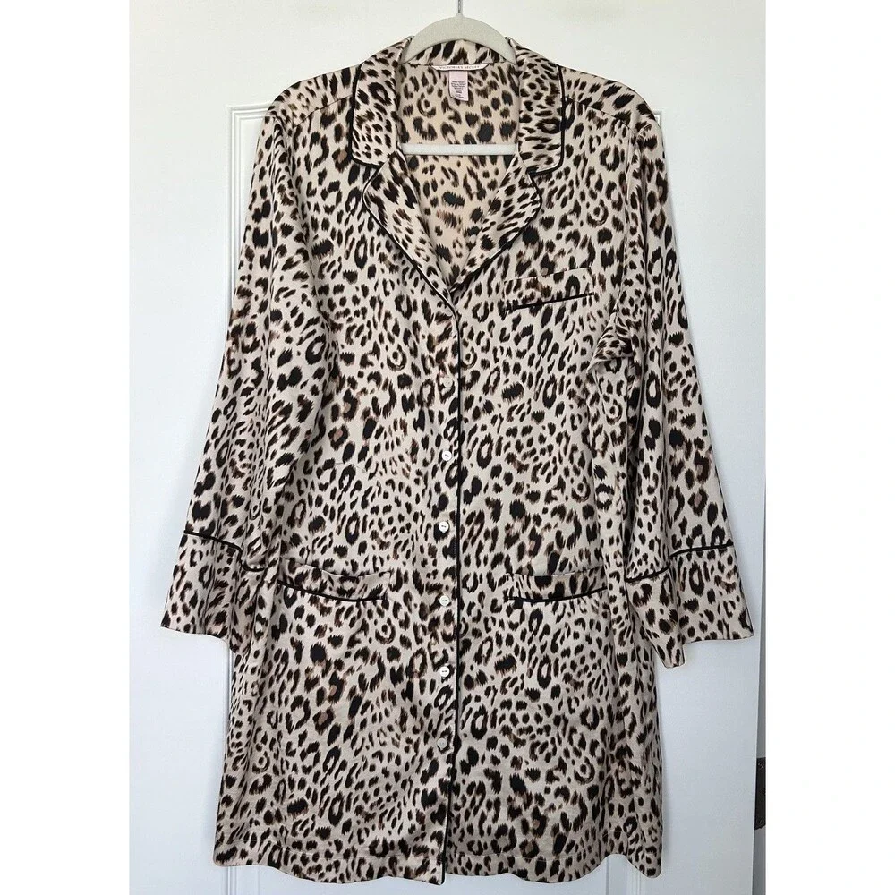 Victorias Secret Satin Sleep Shirt Womens Sz L Leopard Animal Print Button Up